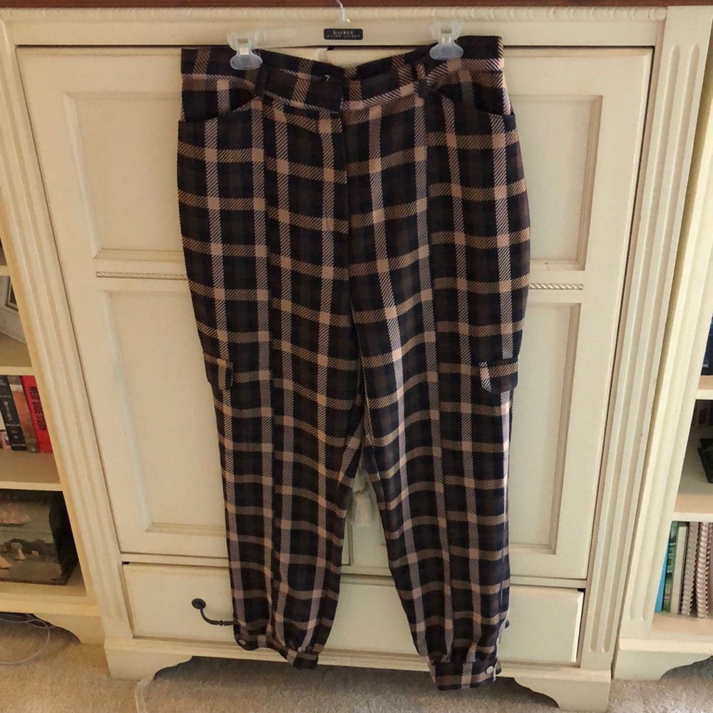 Plaid High-Waist Tapered Pants - Black & Tan